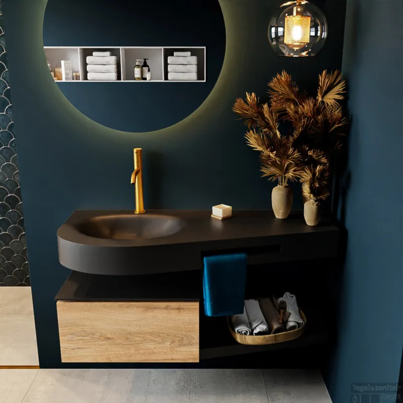 MONDIAZ RIVA 120cm badmeubel onderkast / planchet kleur Washed_Oak met 1 lade. Wastafel DULCET links 1 kraangat kleur Urban. Beste Prijs