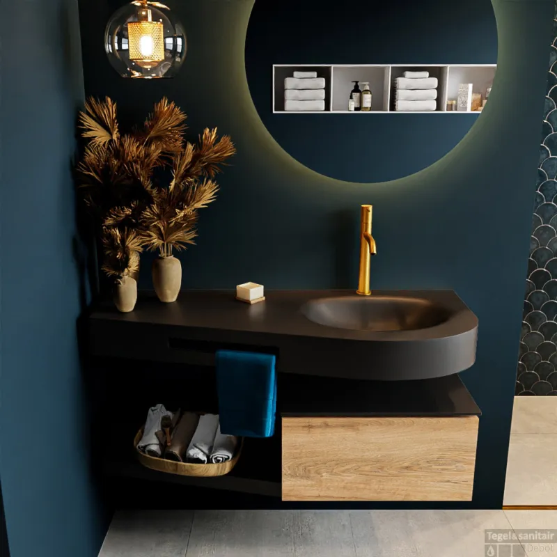 MONDIAZ RIVA 120cm badmeubel onderkast / planchet kleur Washed_Oak met 1 lade. Wastafel DULCET rechts 1 kraangat kleur Urban. Must-Have