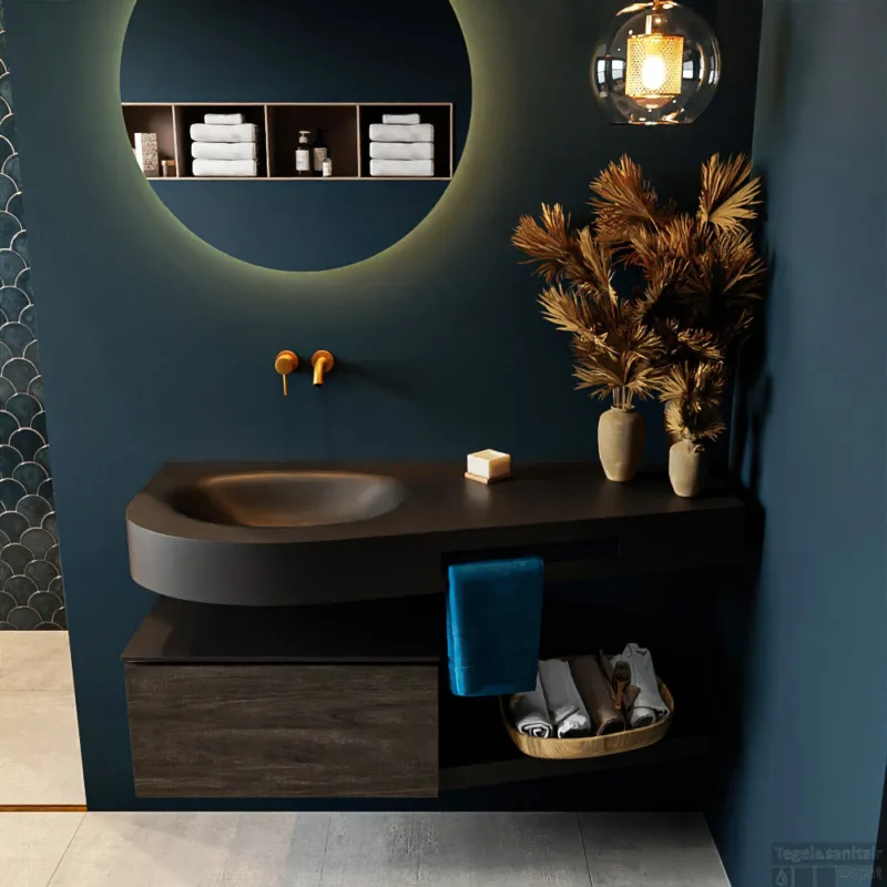 Seizoensaanbieding MONDIAZ RIVA 120cm badmeubel onderkast / planchet kleur Dark_Brown met 1 lade. Wastafel DULCET links 0 kraangaten kleur Urban.