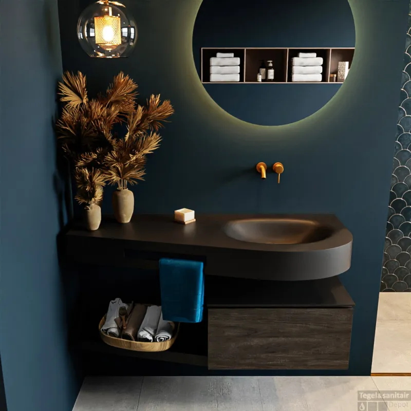 Merkproduct MONDIAZ RIVA 120cm badmeubel onderkast / planchet kleur Dark_Brown met 1 lade. Wastafel DULCET rechts 0 kraangaten kleur Urban.