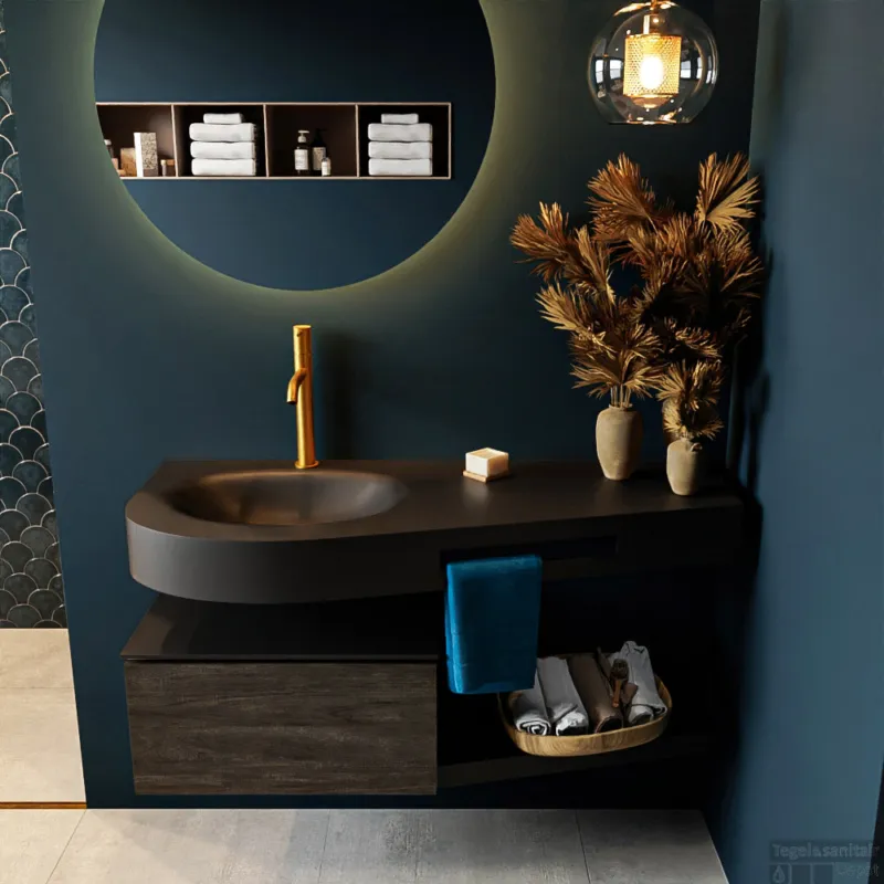Must-Have MONDIAZ RIVA 120cm badmeubel onderkast / planchet kleur Dark_Brown met 1 lade. Wastafel DULCET links 1 kraangat kleur Urban.