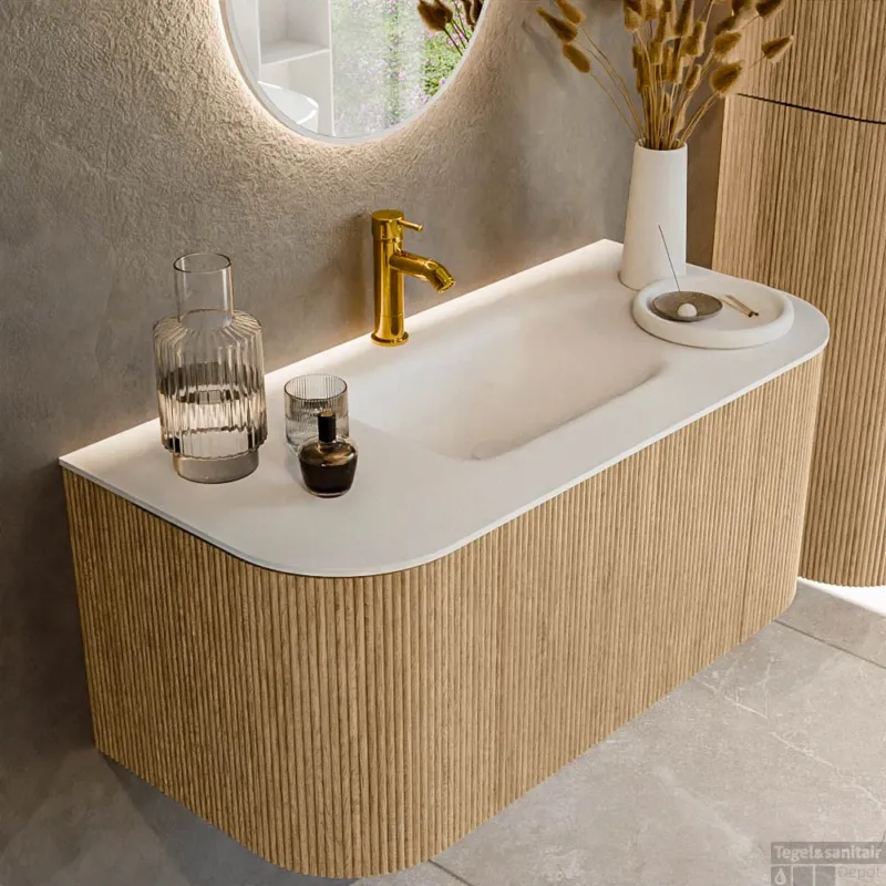 Lage Kosten Mondiaz KURVE 100 cm Onderkast Greeploos 1 Lade Met Deuren Oak, Wastafel Solid Surface MIdden Talc 1 Kraangat Zonder Spiegel (KRVGRU100L+R1L2D1KM-Oak/Tal)