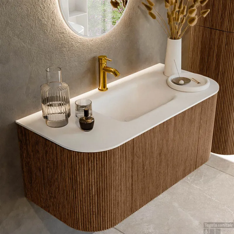 Mondiaz KURVE 100 cm Onderkast Greeploos 1 Lade Met Deuren Walnut, Wastafel Solid Surface MIdden Talc 1 Kraangat Zonder Spiegel (KRVGRU100L+R1L2D1KM-Wal/Tal) Bestel Nu