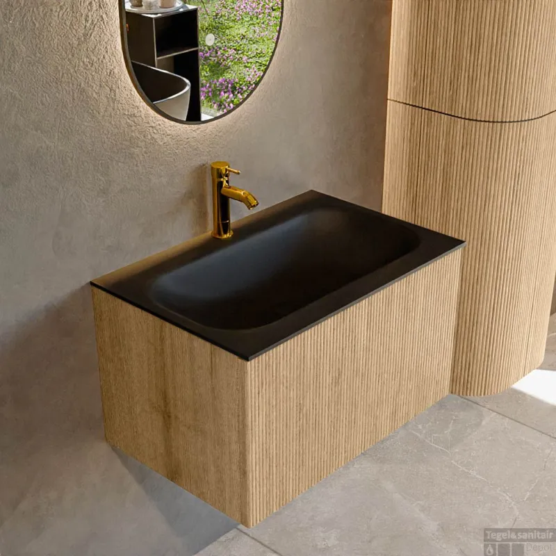 Meest Verkocht Mondiaz KURVE 70 cm Onderkast Greeploos 1 Lade Zonder Deuren Oak, Wastafel Solid Surface Volledig Urban 1 Kraangat Zonder Spiegel (KRVBGS701L0D1KM-Oak/Urb)