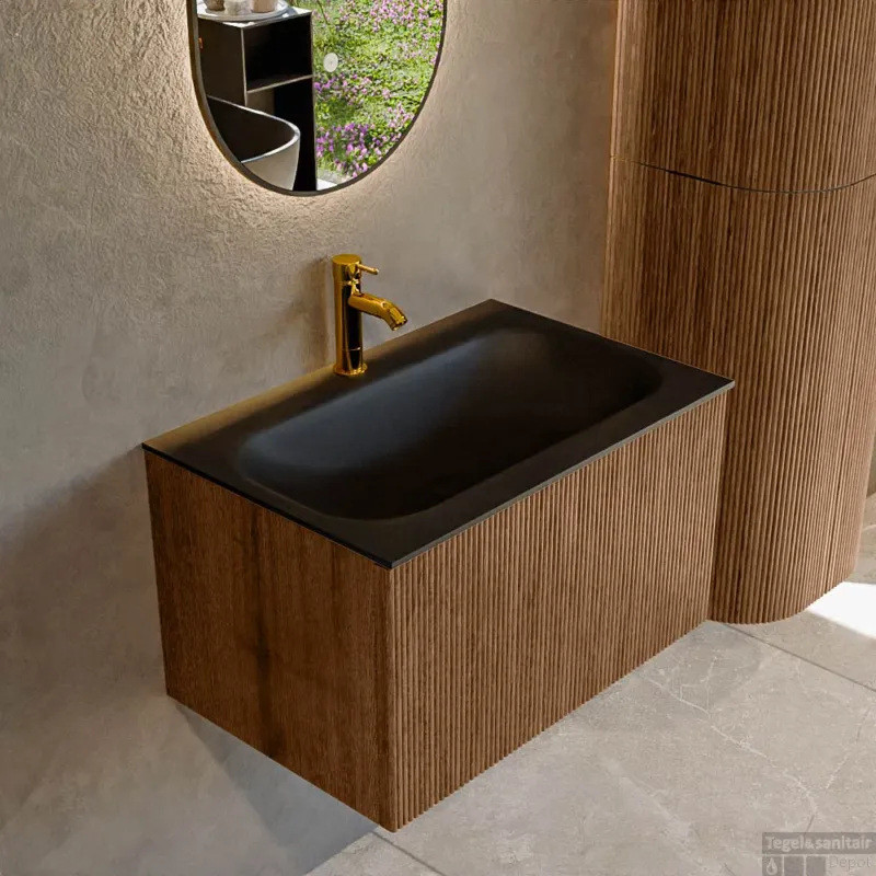 Mondiaz KURVE 70 cm Onderkast Greeploos 1 Lade Zonder Deuren Walnut, Wastafel Solid Surface Volledig Urban 1 Kraangat Zonder Spiegel (KRVBGS701L0D1KM-Wal/Urb) Beperkte Voorraad