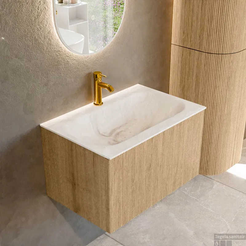Speciale Aanbieding Mondiaz KURVE-DLUX 70 cm Onderkast Greeploos 1 Lade Zonder Deuren Oak, Wastafel Solid Surface Volledig Frappe 1 Kraangat Zonder Spiegel (KRVBGS701L0D1KM-Oak/Fra)