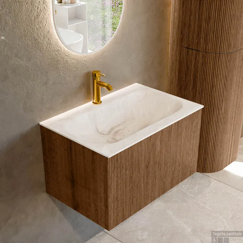Voordeelprijs Mondiaz KURVE-DLUX 70 cm Onderkast Greeploos 1 Lade Zonder Deuren Walnut, Wastafel Solid Surface Volledig Frappe 1 Kraangat Zonder Spiegel (KRVBGS701L0D1KM-Wal/Fra)