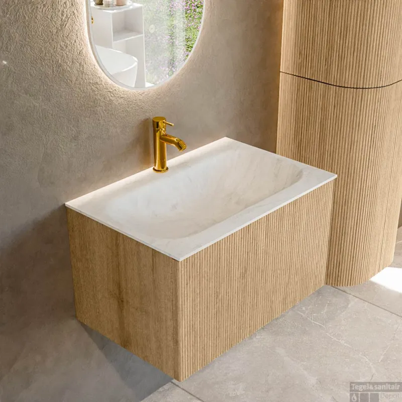 Korting Mondiaz KURVE-DLUX 70 cm Onderkast Greeploos 1 Lade Zonder Deuren Oak, Wastafel Solid Surface Volledig Opalo 1 Kraangat Zonder Spiegel (KRVBGS701L0D1KM-Oak/Opa)