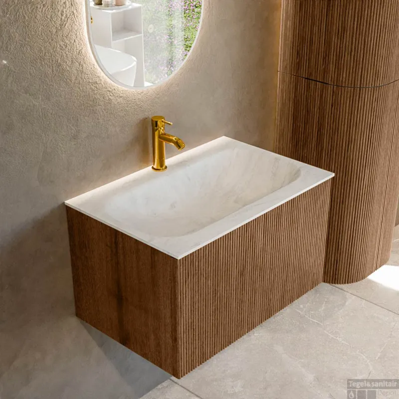 Mondiaz KURVE-DLUX 70 cm Onderkast Greeploos 1 Lade Zonder Deuren Walnut, Wastafel Solid Surface Volledig Opalo 1 Kraangat Zonder Spiegel (KRVBGS701L0D1KM-Wal/Opa) Betaalbaar