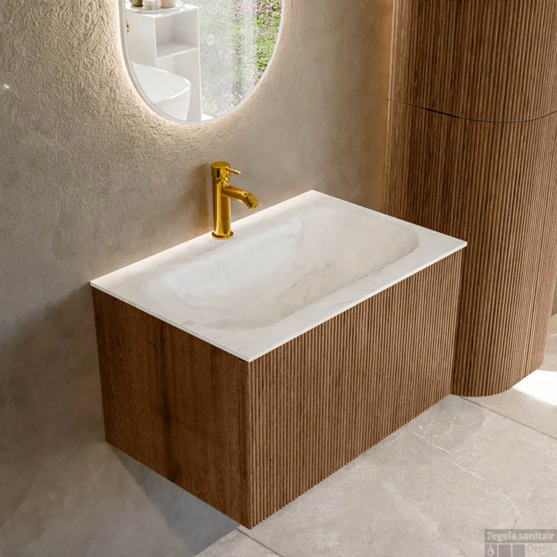 Mondiaz KURVE-DLUX 70 cm Onderkast Greeploos 1 Lade Zonder Deuren Walnut, Wastafel Solid Surface Volledig Ostra 1 Kraangat Zonder Spiegel (KRVBGS701L0D1KM-Wal/Ost) Koop Vandaag