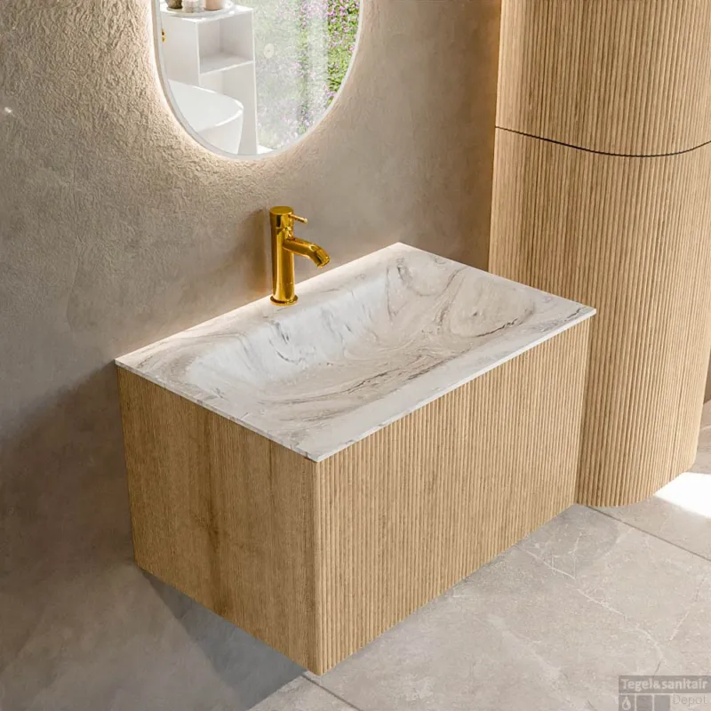 Finale Uitverkoop Mondiaz KURVE-DLUX 70 cm Onderkast Greeploos 1 Lade Zonder Deuren Oak, Wastafel Solid Surface Volledig Glace 1 Kraangat Zonder Spiegel (KRVBGS701L0D1KM-Oak/Gla)