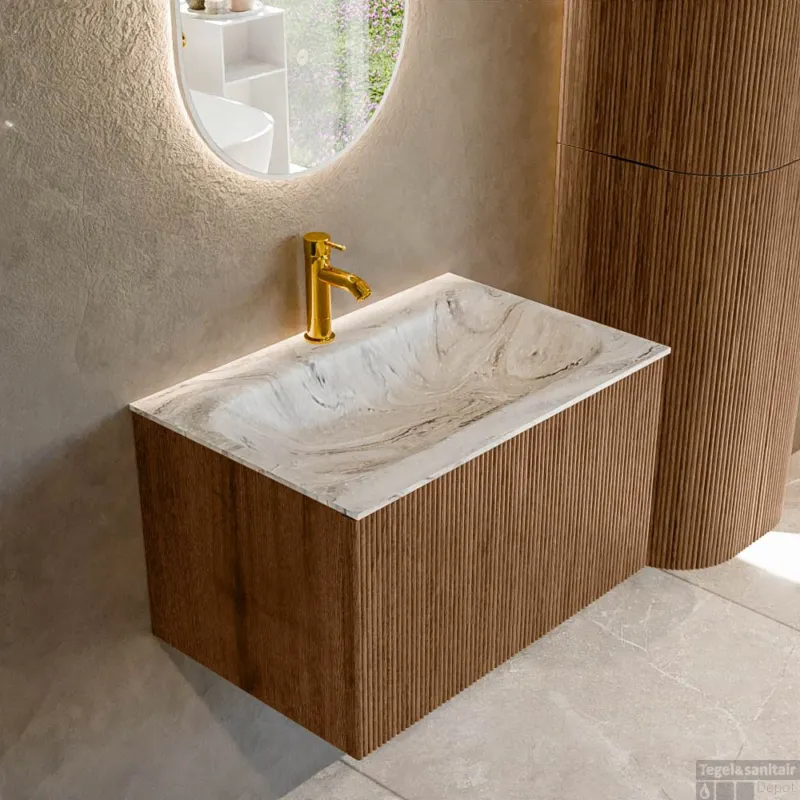 Mondiaz KURVE-DLUX 70 cm Onderkast Greeploos 1 Lade Zonder Deuren Walnut, Wastafel Solid Surface Volledig Glace 1 Kraangat Zonder Spiegel (KRVBGS701L0D1KM-Wal/Gla) Weekendaanbieding