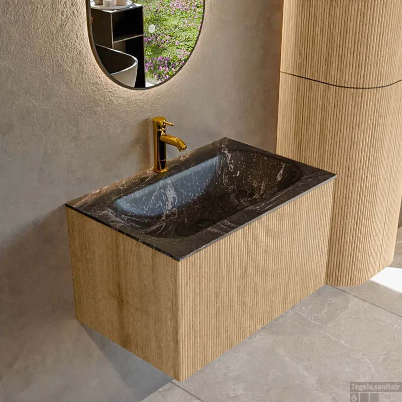 Nieuw Mondiaz KURVE-DLUX 70 cm Onderkast Greeploos 1 Lade Zonder Deuren Oak, Wastafel Solid Surface Volledig Lava 1 Kraangat Zonder Spiegel (KRVBGS701L0D1KM-Oak/Lav)