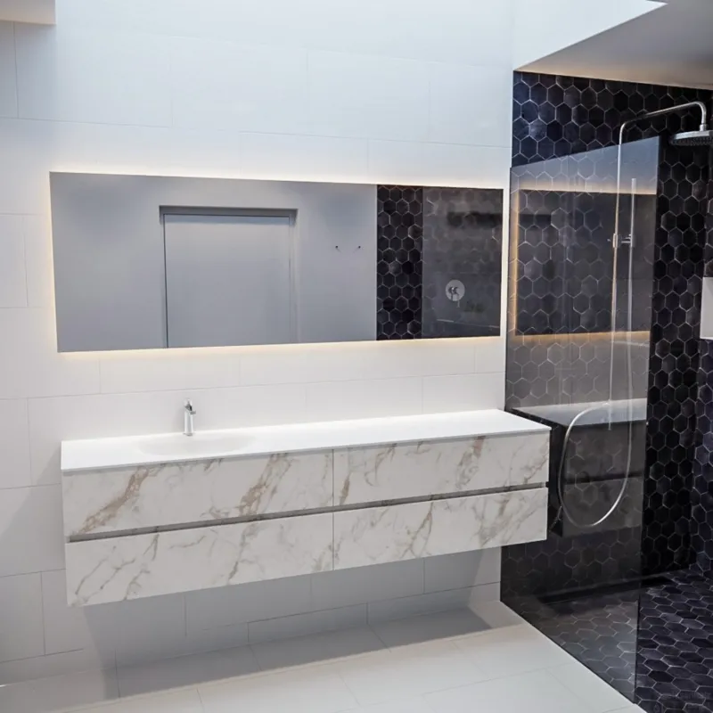 Fabrieksprijs Badkamermeubel BWS Valencia Carrara Mat 200 cm Solid Surface Wastafel Rechthoekige Wasbak Links (1 kraangat, 4 lades)