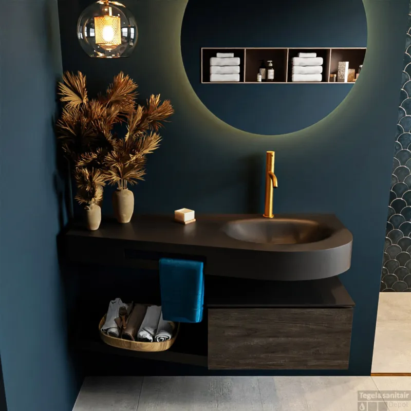 Bestel Nu MONDIAZ RIVA 120cm badmeubel onderkast / planchet kleur Dark_Brown met 1 lade. Wastafel DULCET rechts 1 kraangat kleur Urban.