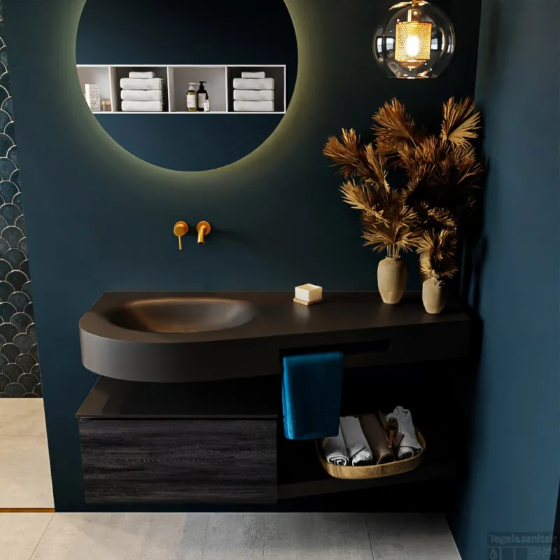 Hete Deal MONDIAZ RIVA 120cm badmeubel onderkast / planchet kleur Antracite met 1 lade. Wastafel DULCET links 0 kraangaten kleur Urban.