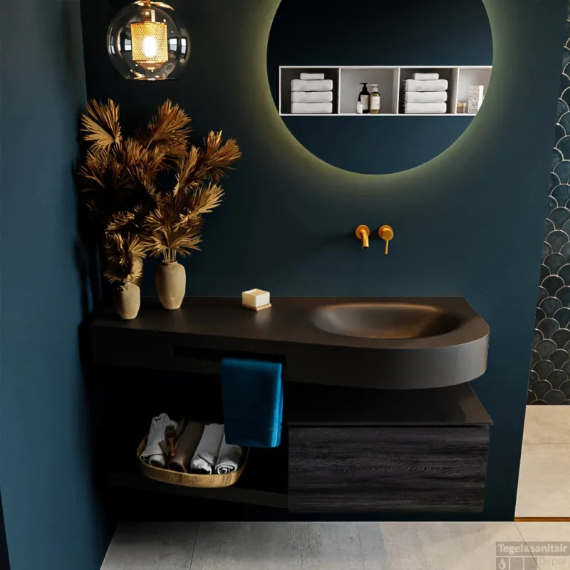 Exclusieve Aanbieding MONDIAZ RIVA 120cm badmeubel onderkast / planchet kleur Antracite met 1 lade. Wastafel DULCET rechts 0 kraangaten kleur Urban.