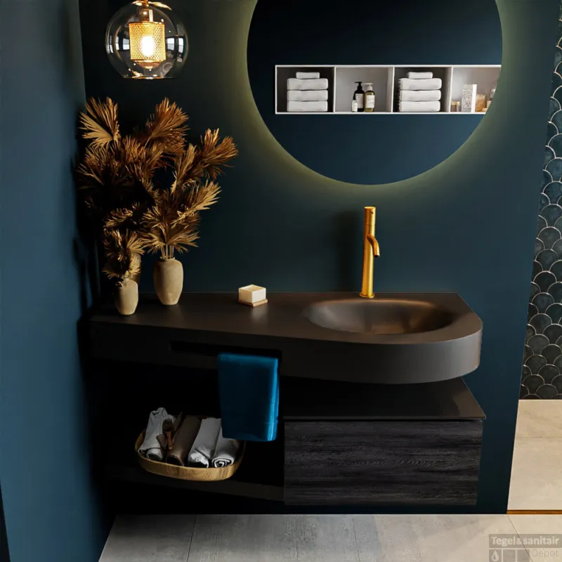 MONDIAZ RIVA 120cm badmeubel onderkast / planchet kleur Antracite met 1 lade. Wastafel DULCET rechts 1 kraangat kleur Urban. Betrouwbaar