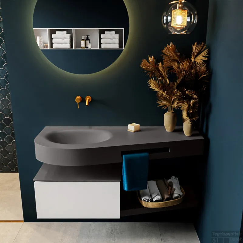 Voordeelprijs MONDIAZ RIVA 120cm badmeubel onderkast / planchet kleur Talc met 1 lade. Wastafel DULCET links 0 kraangaten kleur Dark_Grey.