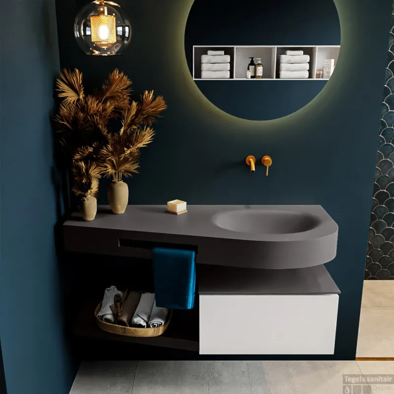 Bestel Nu MONDIAZ RIVA 120cm badmeubel onderkast / planchet kleur Talc met 1 lade. Wastafel DULCET rechts 0 kraangaten kleur Dark_Grey.