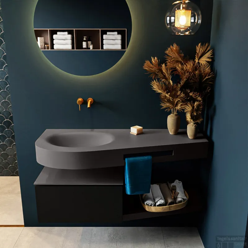 Must-Have MONDIAZ RIVA 120cm badmeubel onderkast / planchet kleur Urban met 1 lade. Wastafel DULCET links 0 kraangaten kleur Dark_Grey.