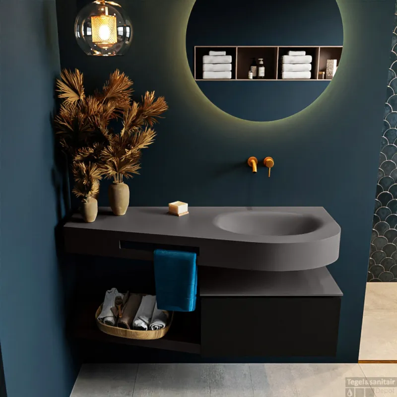 MONDIAZ RIVA 120cm badmeubel onderkast / planchet kleur Urban met 1 lade. Wastafel DULCET rechts 0 kraangaten kleur Dark_Grey. Koopje