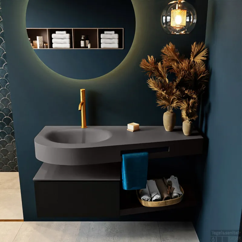 MONDIAZ RIVA 120cm badmeubel onderkast / planchet kleur Urban met 1 lade. Wastafel DULCET links 1 kraangat kleur Dark_Grey. Direct Beschikbaar
