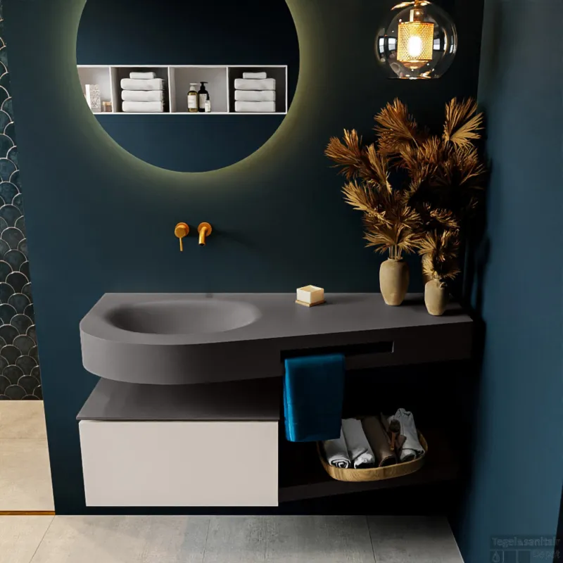 MONDIAZ RIVA 120cm badmeubel onderkast / planchet kleur Linen met 1 lade. Wastafel DULCET links 0 kraangaten kleur Dark_Grey. Gratis Retour