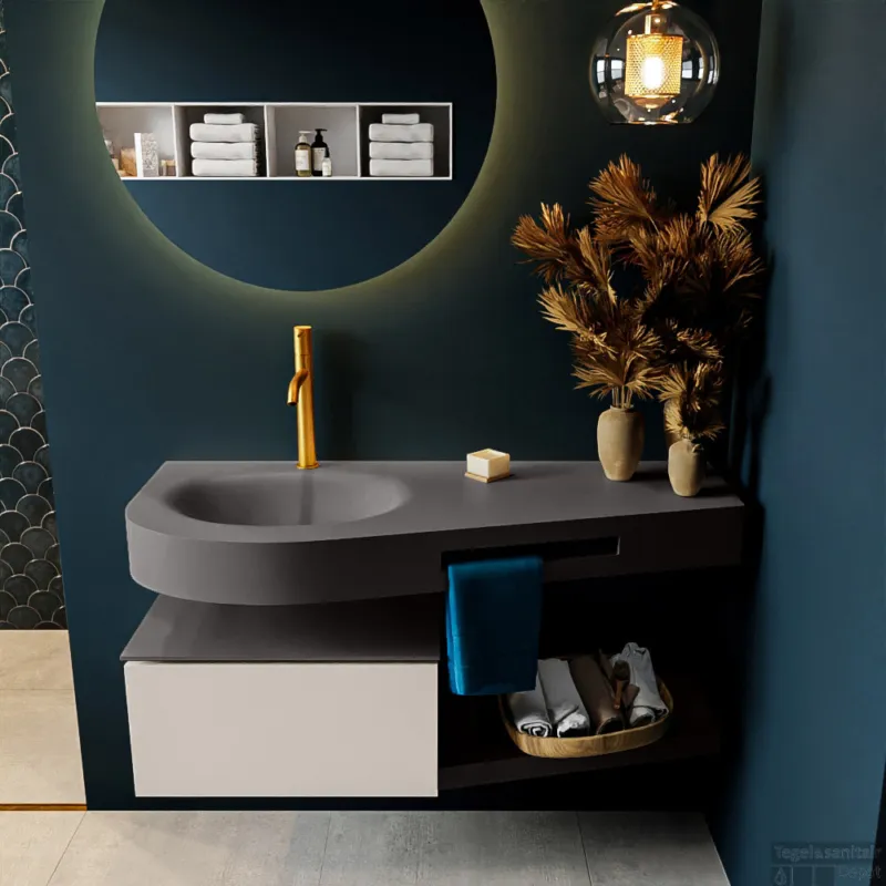 MONDIAZ RIVA 120cm badmeubel onderkast / planchet kleur Linen met 1 lade. Wastafel DULCET links 1 kraangat kleur Dark_Grey. Koopje
