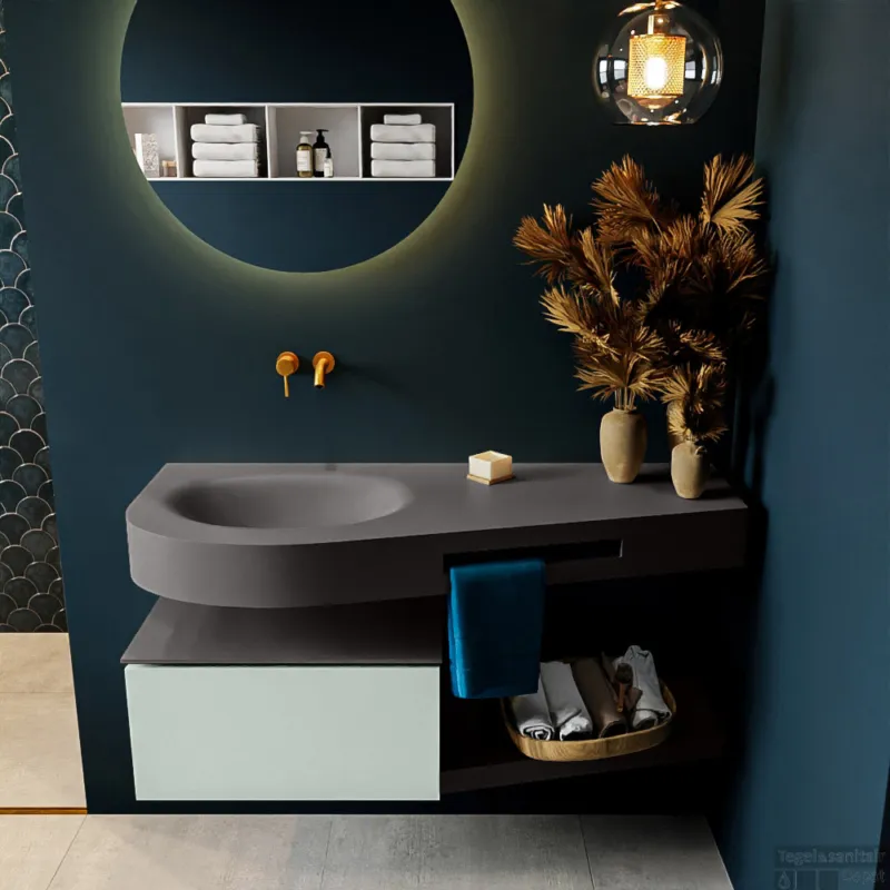 Koop Online MONDIAZ RIVA 120cm badmeubel onderkast / planchet kleur Greey met 1 lade. Wastafel DULCET links 0 kraangaten kleur Dark_Grey.