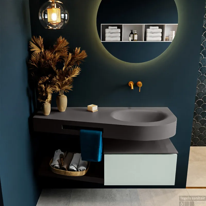 MONDIAZ RIVA 120cm badmeubel onderkast / planchet kleur Greey met 1 lade. Wastafel DULCET rechts 0 kraangaten kleur Dark_Grey. Aanbieding