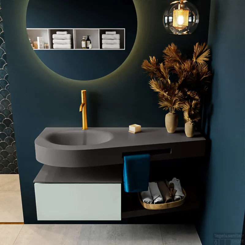 MONDIAZ RIVA 120cm badmeubel onderkast / planchet kleur Greey met 1 lade. Wastafel DULCET links 1 kraangat kleur Dark_Grey. Superprijs