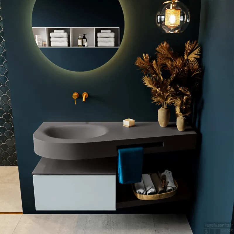 Op = Op MONDIAZ RIVA 120cm badmeubel onderkast / planchet kleur Clay met 1 lade. Wastafel DULCET links 0 kraangaten kleur Dark_Grey.