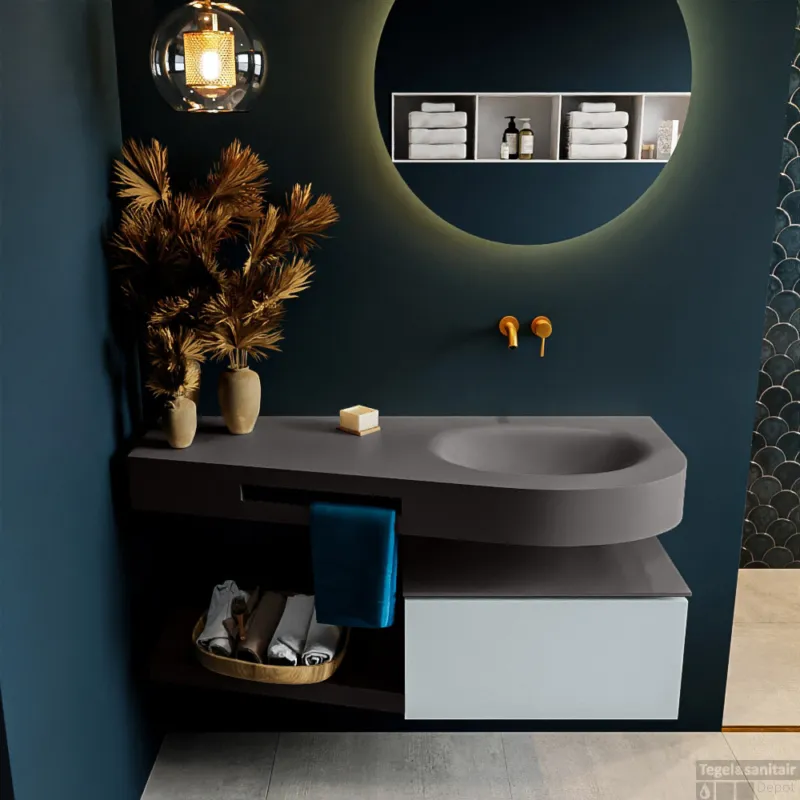 MONDIAZ RIVA 120cm badmeubel onderkast / planchet kleur Clay met 1 lade. Wastafel DULCET rechts 0 kraangaten kleur Dark_Grey. Seizoensaanbieding