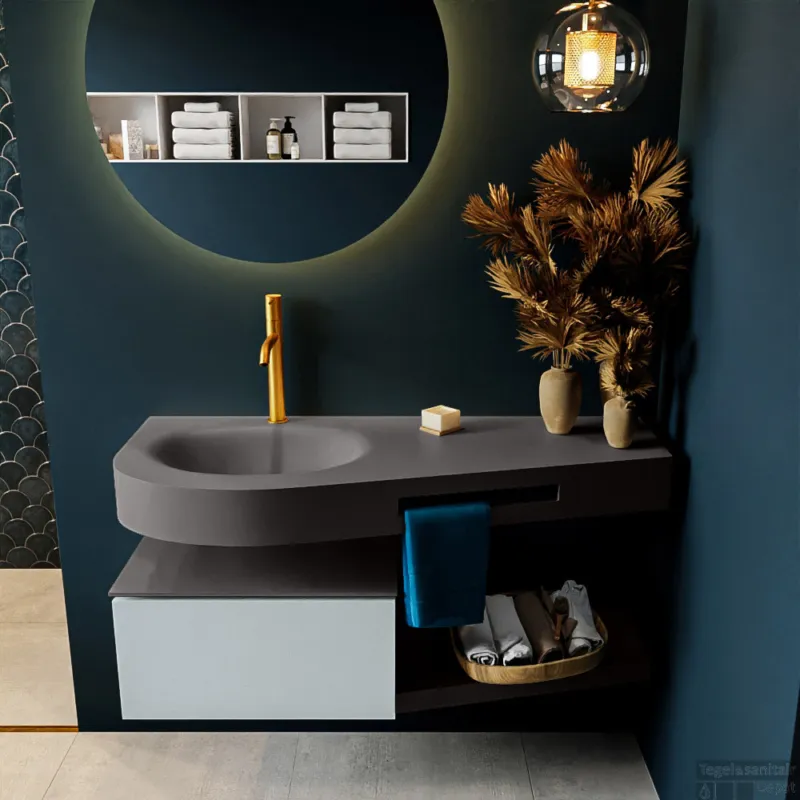 MONDIAZ RIVA 120cm badmeubel onderkast / planchet kleur Clay met 1 lade. Wastafel DULCET links 1 kraangat kleur Dark_Grey. Must-Have