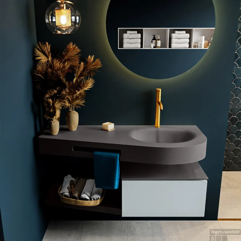 MONDIAZ RIVA 120cm badmeubel onderkast / planchet kleur Clay met 1 lade. Wastafel DULCET rechts 1 kraangat kleur Dark_Grey. Tijdelijk Beschikbaar