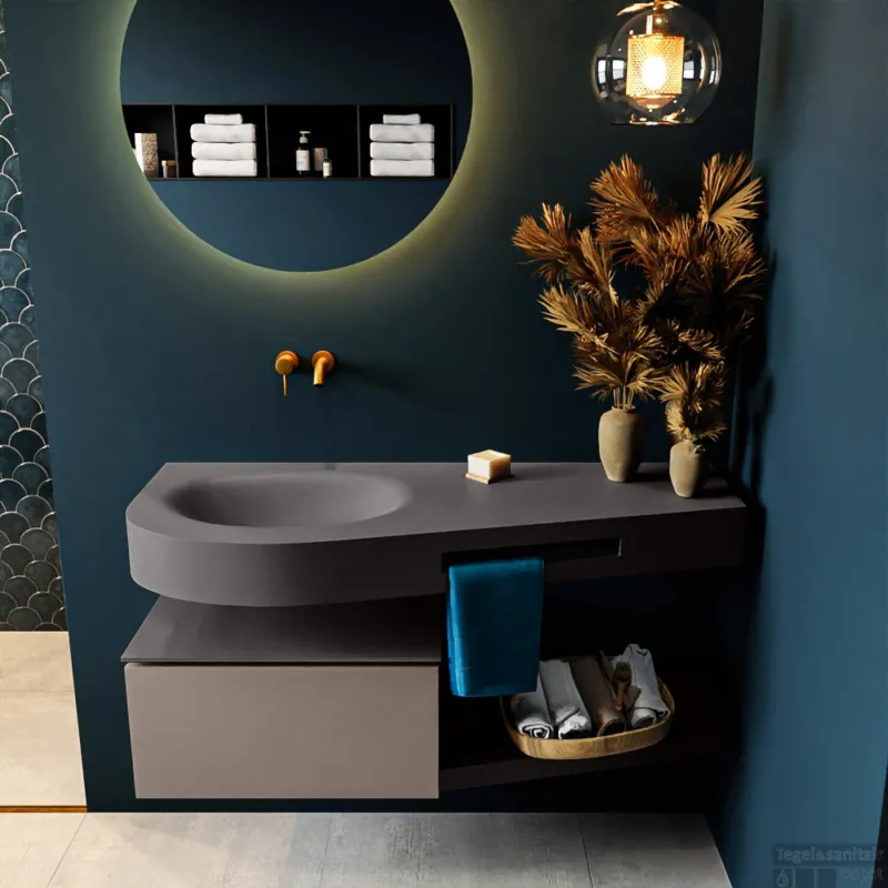 Koopje MONDIAZ RIVA 120cm badmeubel onderkast / planchet kleur Smoke met 1 lade. Wastafel DULCET links 0 kraangaten kleur Dark_Grey.