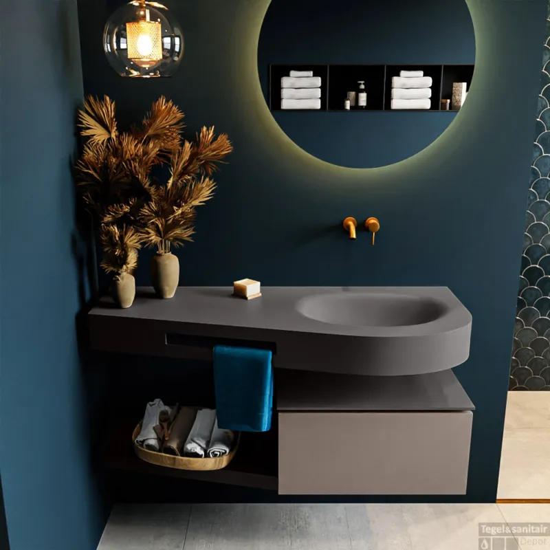 MONDIAZ RIVA 120cm badmeubel onderkast / planchet kleur Smoke met 1 lade. Wastafel DULCET rechts 0 kraangaten kleur Dark_Grey. Direct Verzonden