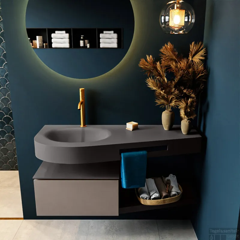 MONDIAZ RIVA 120cm badmeubel onderkast / planchet kleur Smoke met 1 lade. Wastafel DULCET links 1 kraangat kleur Dark_Grey. Gecertificeerd