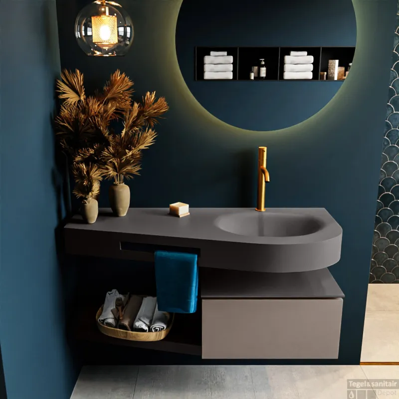 Beperkt Aanbod MONDIAZ RIVA 120cm badmeubel onderkast / planchet kleur Smoke met 1 lade. Wastafel DULCET rechts 1 kraangat kleur Dark_Grey.