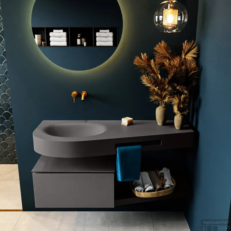 MONDIAZ RIVA 120cm badmeubel onderkast / planchet kleur Dark_Grey met 1 lade. Wastafel DULCET links 0 kraangaten kleur Dark_Grey. Weekendaanbieding