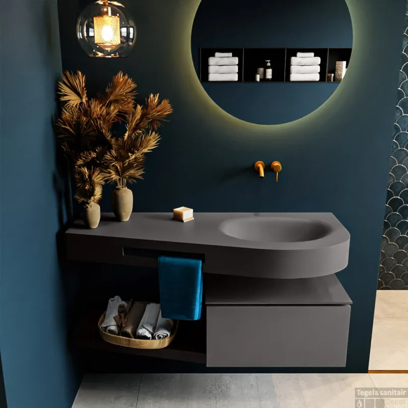 Shop Nu MONDIAZ RIVA 120cm badmeubel onderkast / planchet kleur Dark_Grey met 1 lade. Wastafel DULCET rechts 0 kraangaten kleur Dark_Grey.