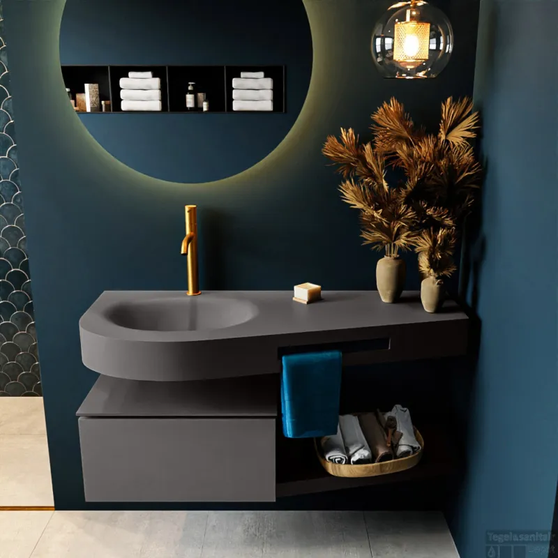 Betaalbaar MONDIAZ RIVA 120cm badmeubel onderkast / planchet kleur Dark_Grey met 1 lade. Wastafel DULCET links 1 kraangat kleur Dark_Grey.