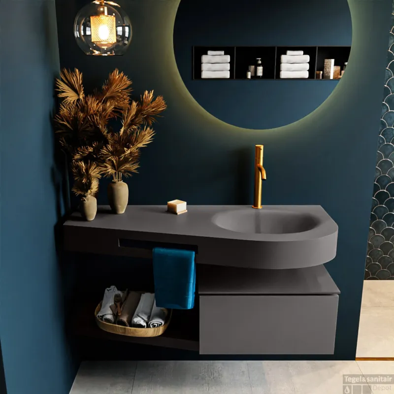 MONDIAZ RIVA 120cm badmeubel onderkast / planchet kleur Dark_Grey met 1 lade. Wastafel DULCET rechts 1 kraangat kleur Dark_Grey. Shop Nu