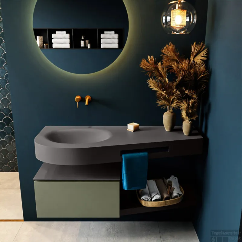 Beste Prijs MONDIAZ RIVA 120cm badmeubel onderkast / planchet kleur Army met 1 lade. Wastafel DULCET links 0 kraangaten kleur Dark_Grey.