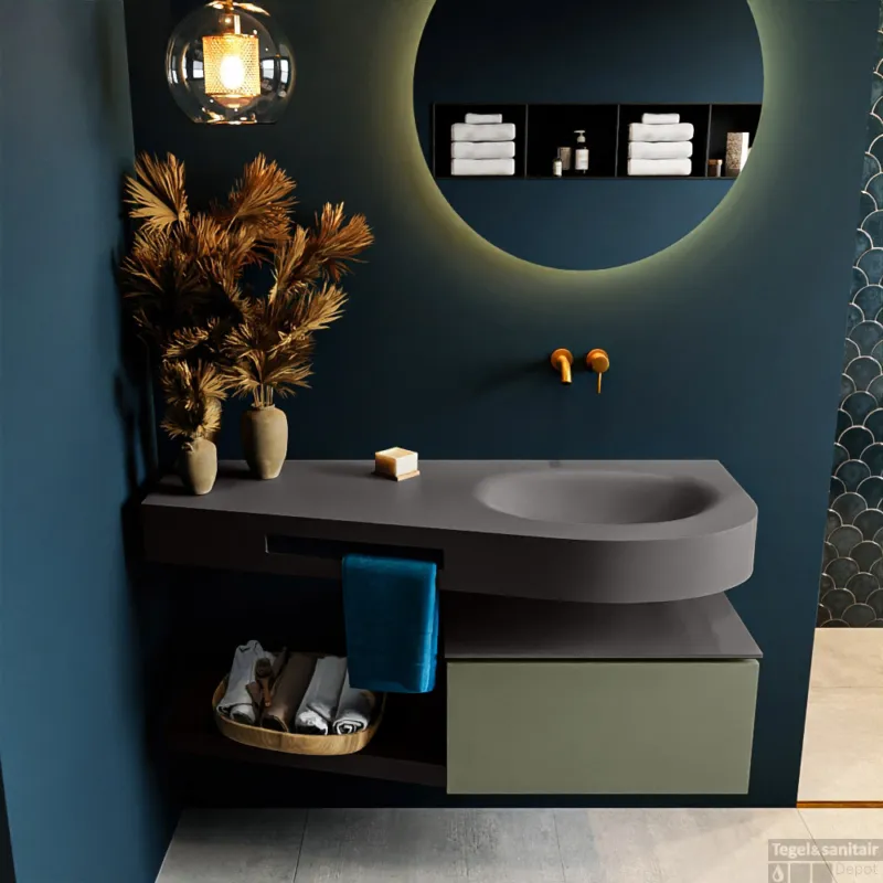 MONDIAZ RIVA 120cm badmeubel onderkast / planchet kleur Army met 1 lade. Wastafel DULCET rechts 0 kraangaten kleur Dark_Grey. Must-Have