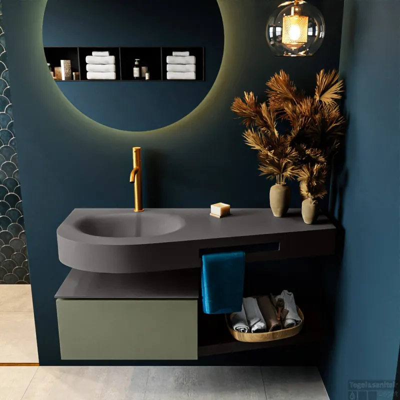 Beste Prijs MONDIAZ RIVA 120cm badmeubel onderkast / planchet kleur Army met 1 lade. Wastafel DULCET links 1 kraangat kleur Dark_Grey.