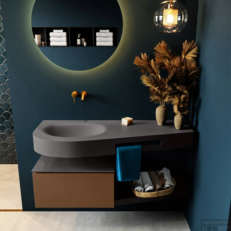 Seizoensaanbieding MONDIAZ RIVA 120cm badmeubel onderkast / planchet kleur Rust met 1 lade. Wastafel DULCET links 0 kraangaten kleur Dark_Grey.