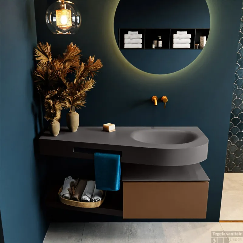 Alleen Vandaag MONDIAZ RIVA 120cm badmeubel onderkast / planchet kleur Rust met 1 lade. Wastafel DULCET rechts 0 kraangaten kleur Dark_Grey.