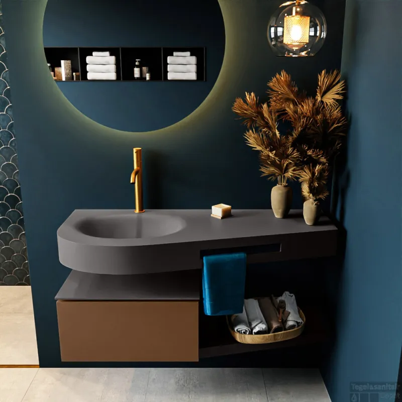 Gereduceerde Prijs MONDIAZ RIVA 120cm badmeubel onderkast / planchet kleur Rust met 1 lade. Wastafel DULCET links 1 kraangat kleur Dark_Grey.